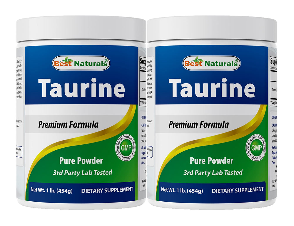 Front view of Best Naturals Taurine Powder 1000mg per serving bottle