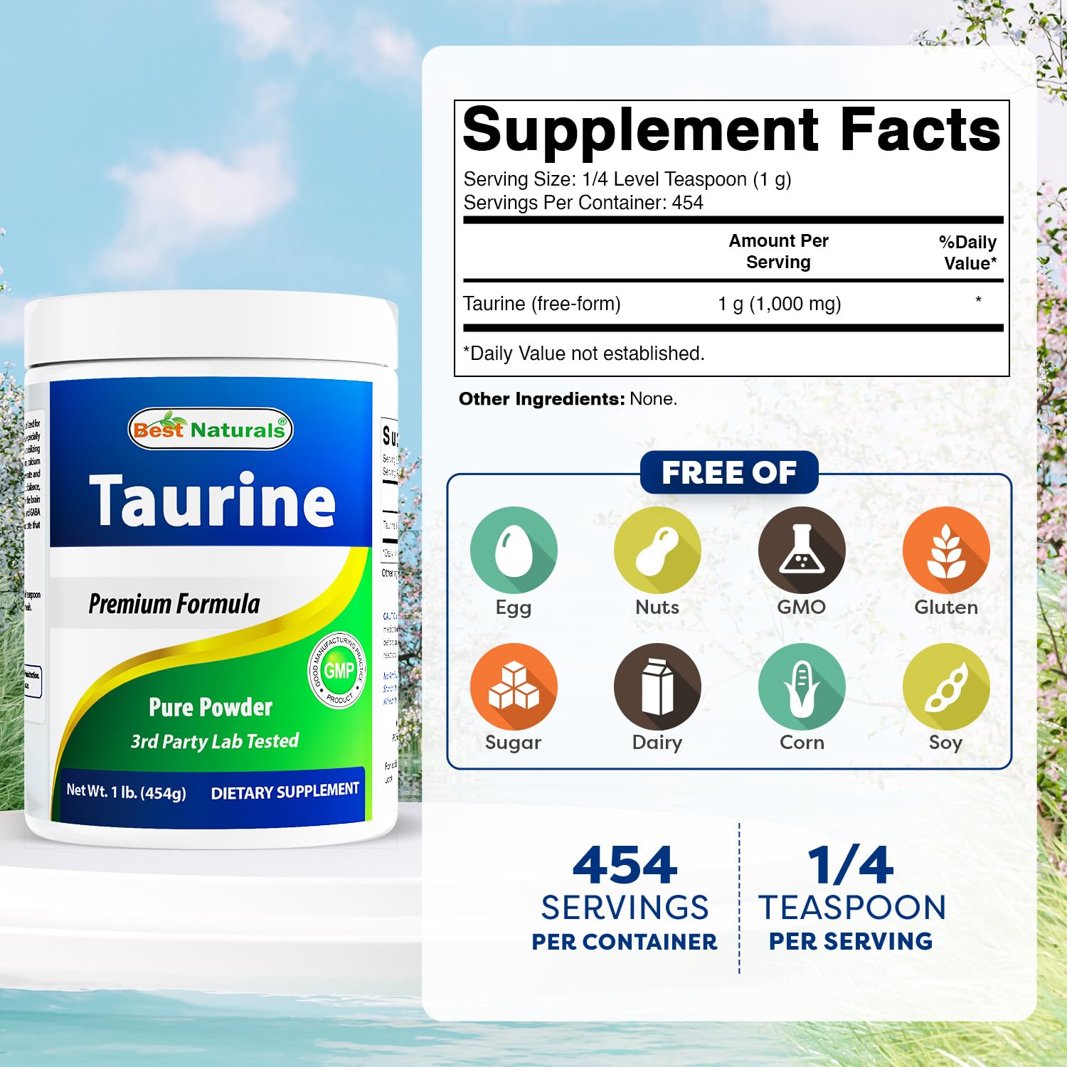 Product label showing Taurine 1000mg per serving