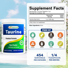 Product label showing Taurine 1000mg per serving