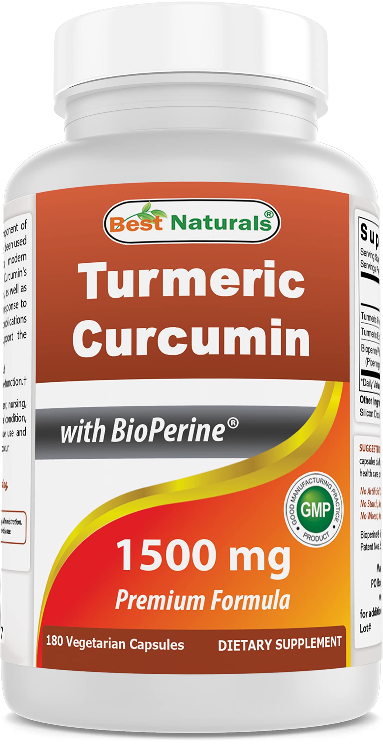Front of Best Naturals Turmeric Curcumin bottle in veggie capsules