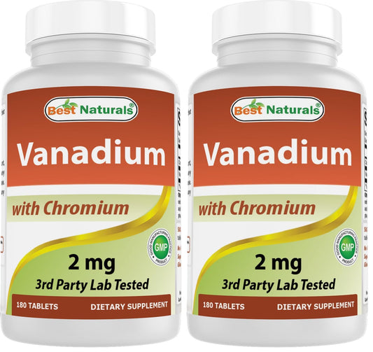 Front view of Best Naturals Vanadium 2 mg with Chromium Polynicotinate 200 mcg bottle – Pack of 2