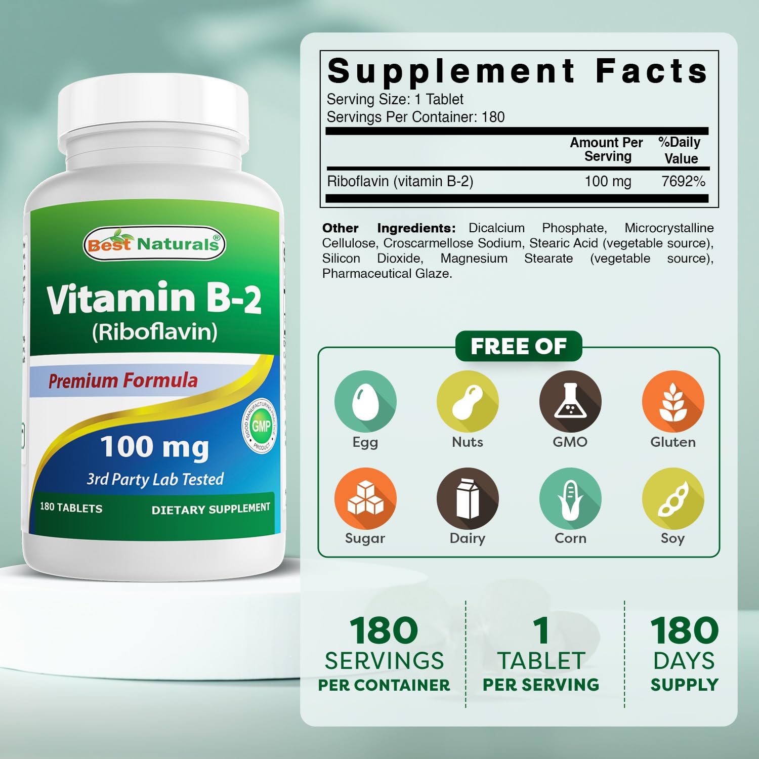 Back label details of Best Naturals Vitamin B2 Riboflavin bottle