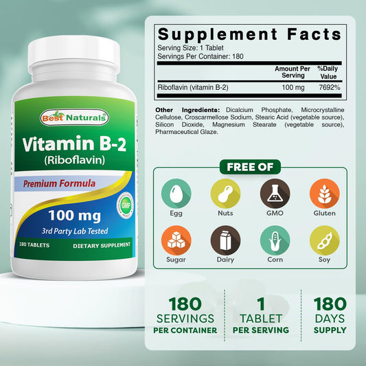 Back label details of Best Naturals Vitamin B2 Riboflavin bottle