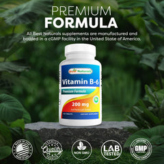 Nutrition facts panel for Best Naturals Vitamin B6 200mg