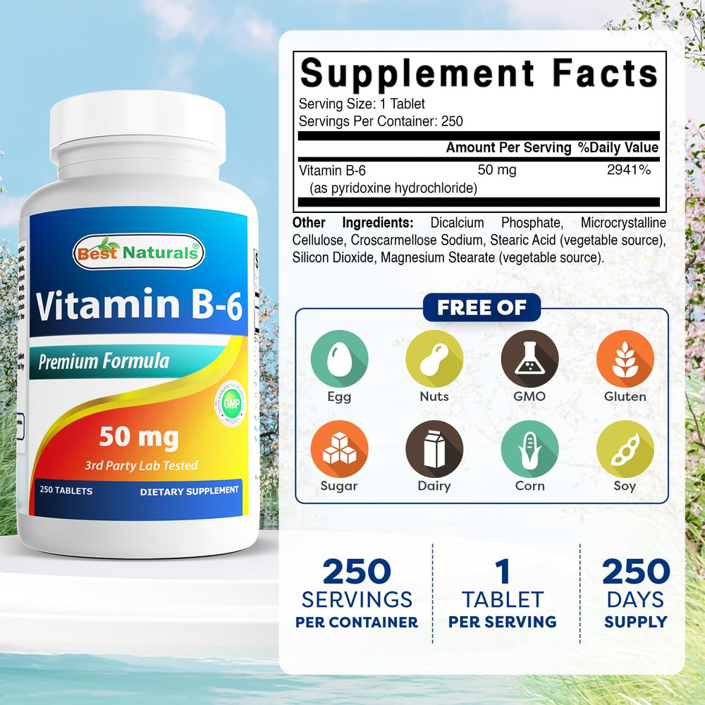 Close-up of Best Naturals Vitamin B6 50 mg bottle label