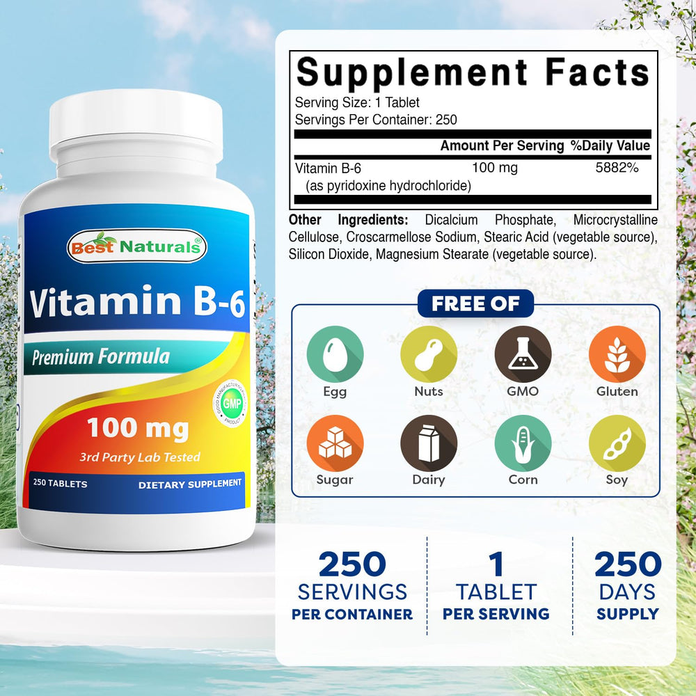 Close-up of a 100 mg Vitamin B6 tablet