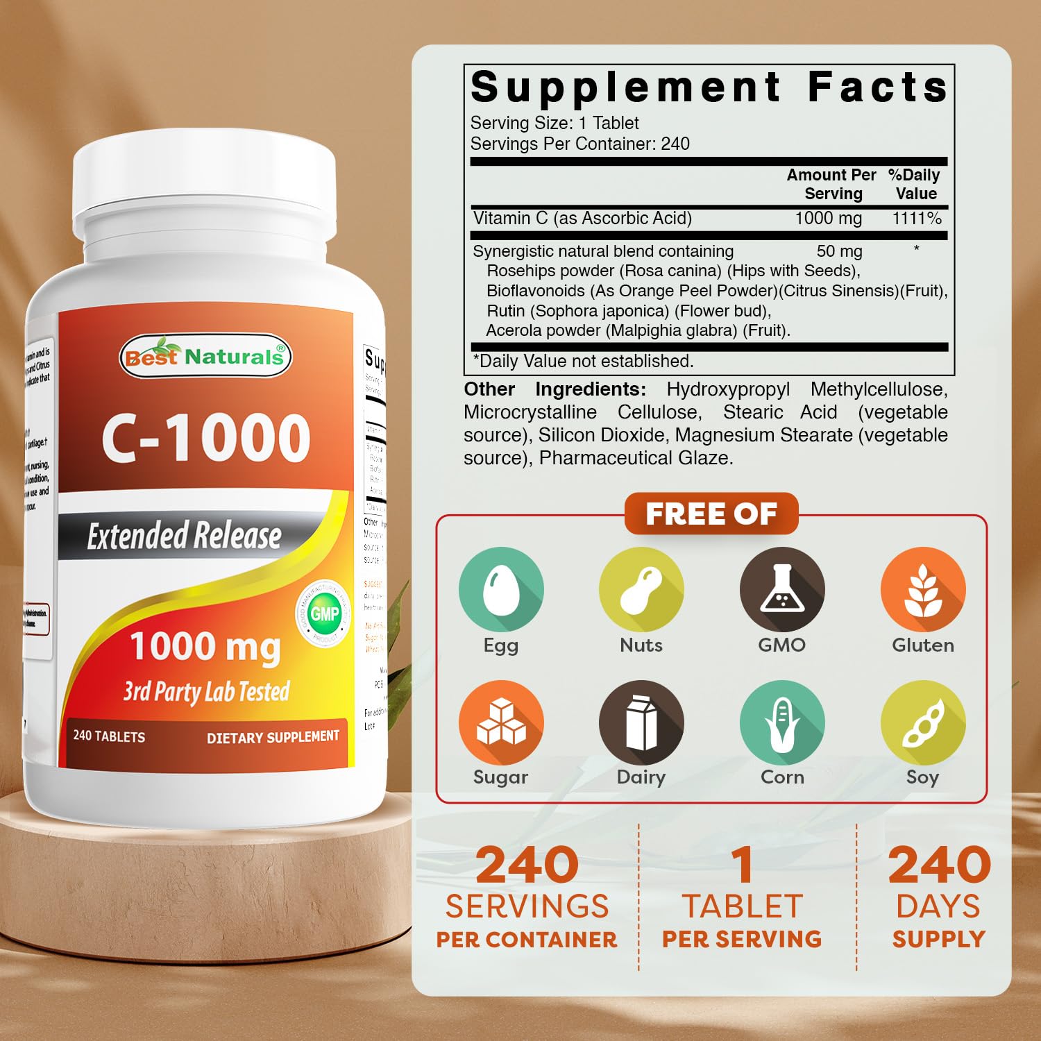 Bottle label close-up showing 1000 mg Vitamin C per tablet