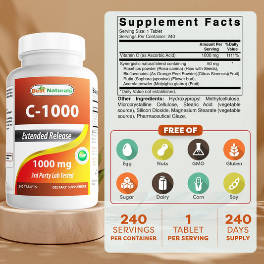 Bottle label close-up showing 1000 mg Vitamin C per tablet