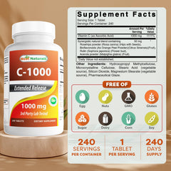 Bottle label close-up showing 1000 mg Vitamin C per tablet