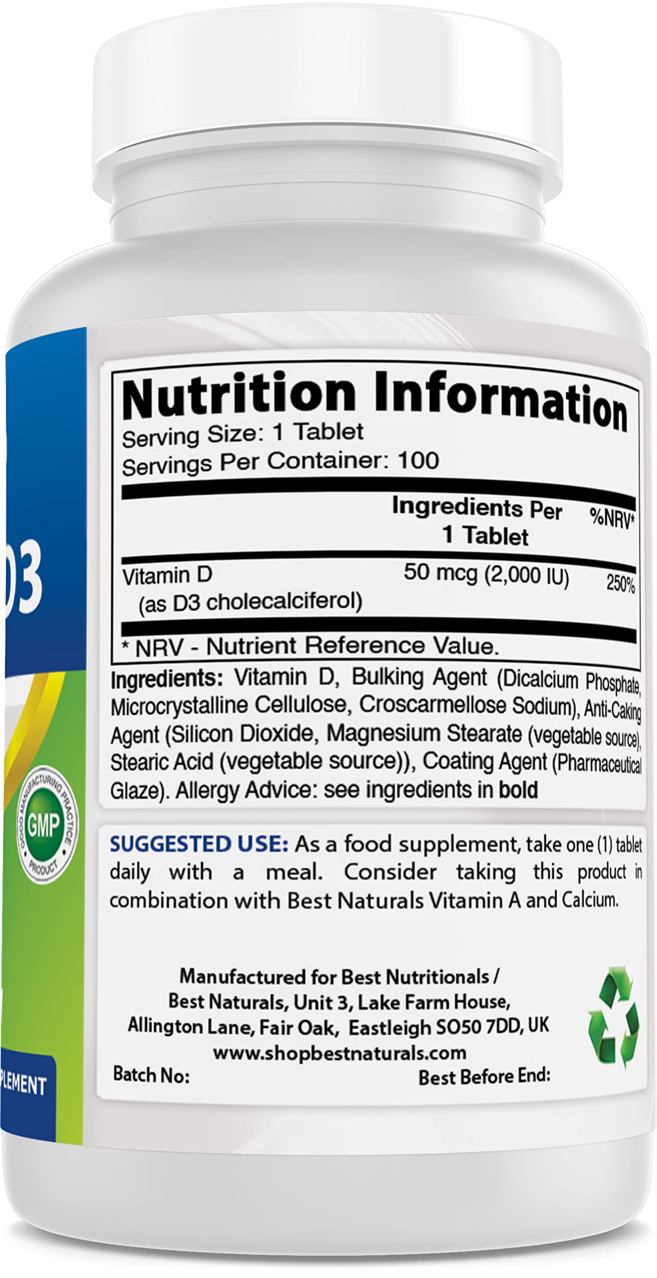 Back view of bottle showing 100 tablets