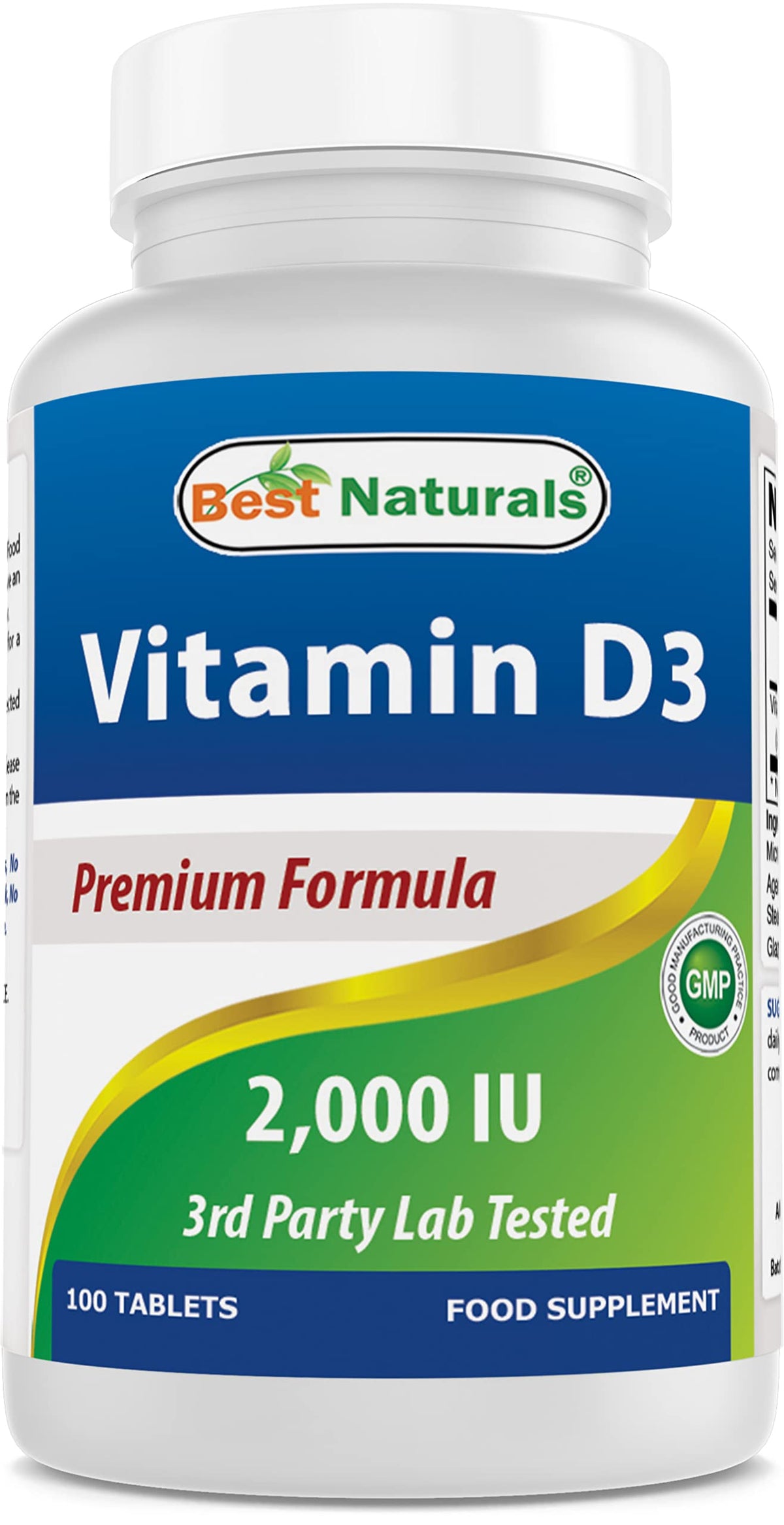 Front view of Best Naturals Vitamin D3 2000 IU bottle