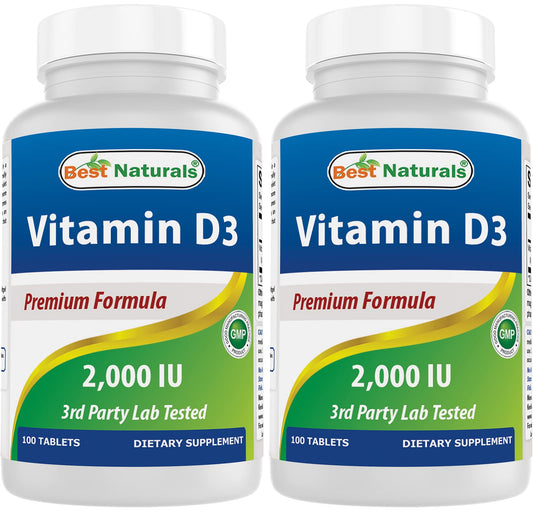 Best Naturals Vitamin D3 2000 IU bottle - pack of 2 with 100 tablets each