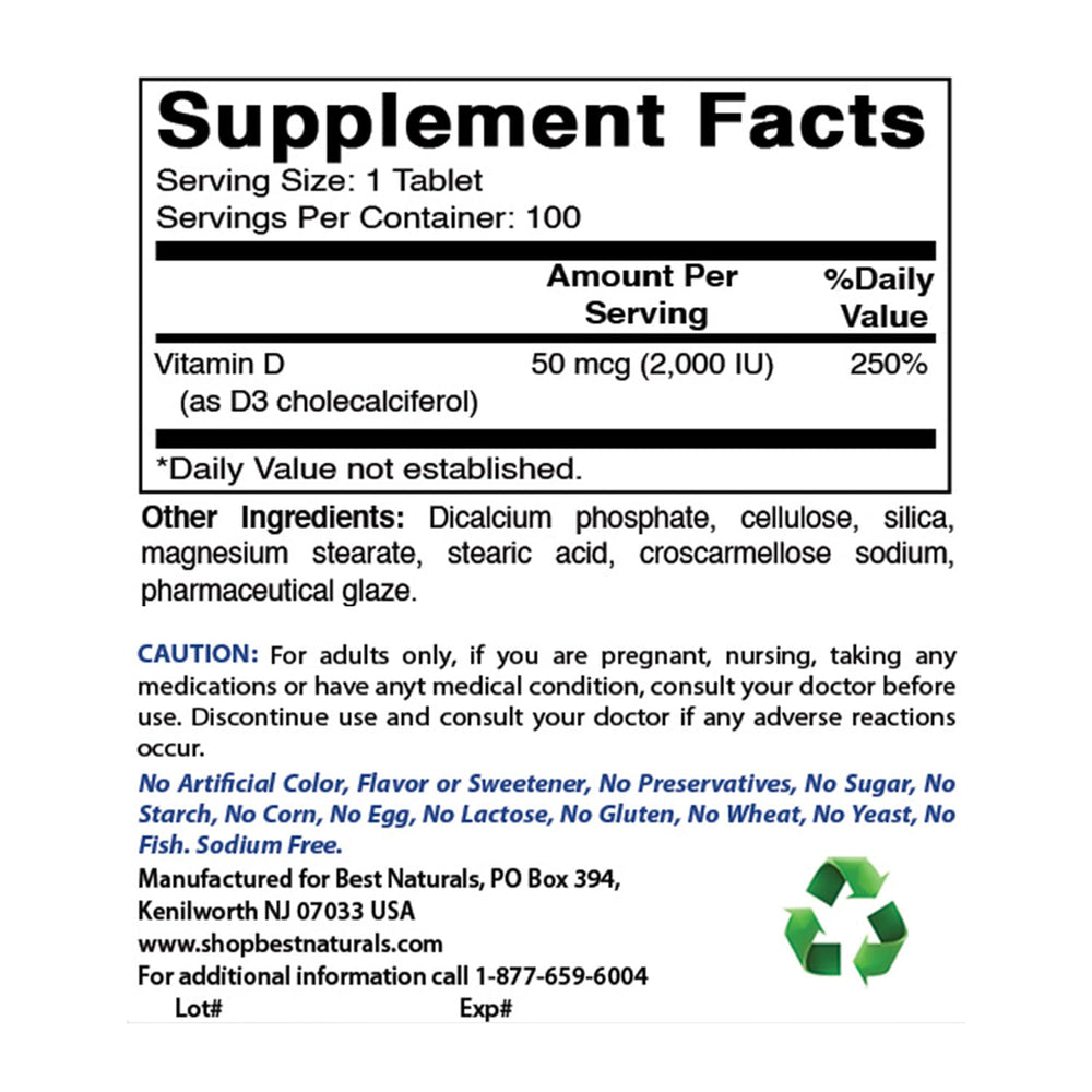 Two Best Naturals Vitamin D3 2000 IU bottles on display