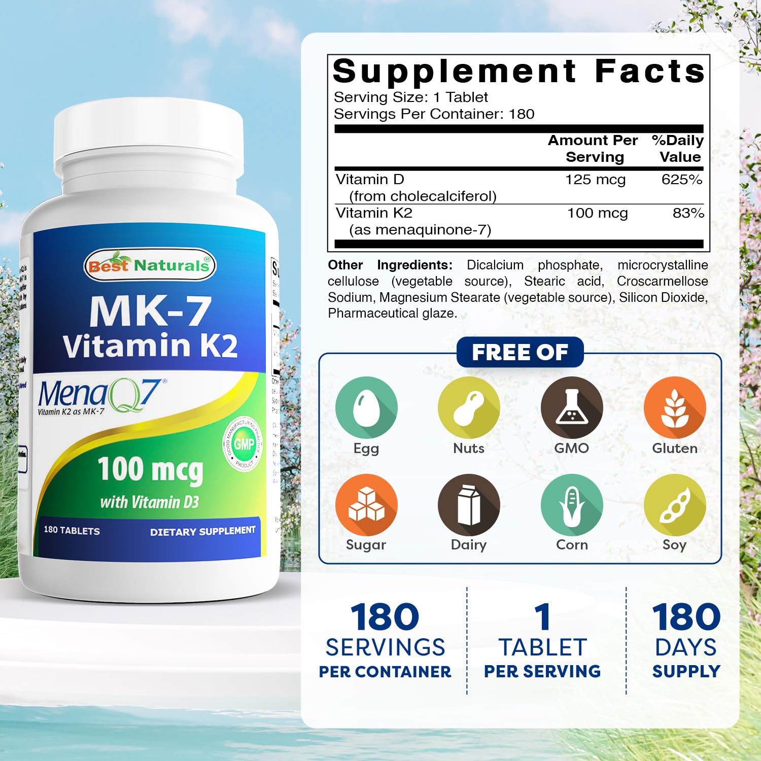 Back label with dosage and supplement facts for Best Naturals K2 D3