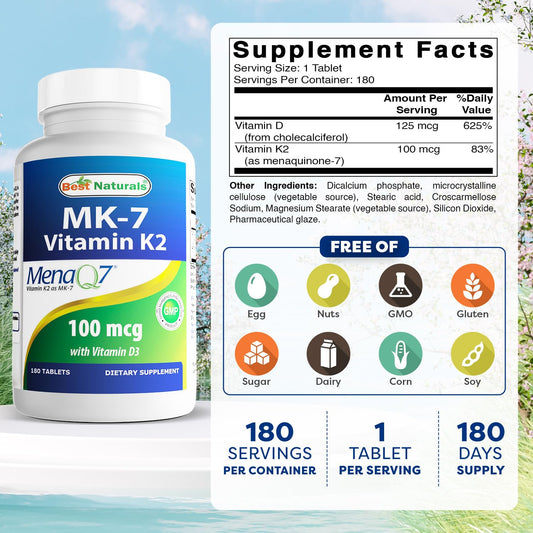 Back label with dosage and supplement facts for Best Naturals K2 D3