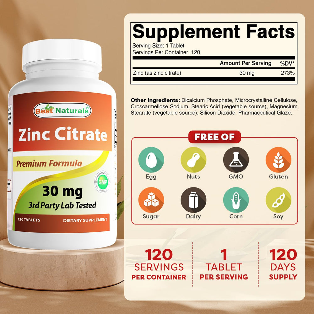 Product label showing zinc citrate dosage