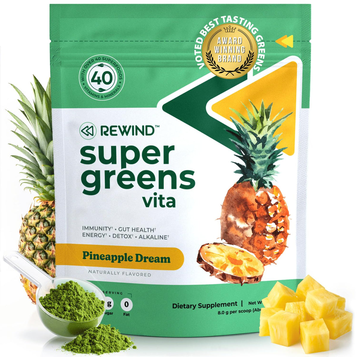 Front view of Best Tasting Super Greens Powder Pineapple Flavor container