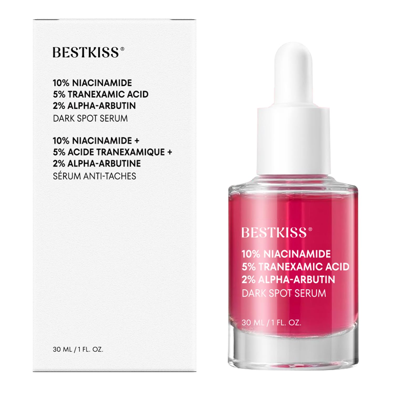 Bestkiss dark spot serum bottle closeup showing texture for even tone