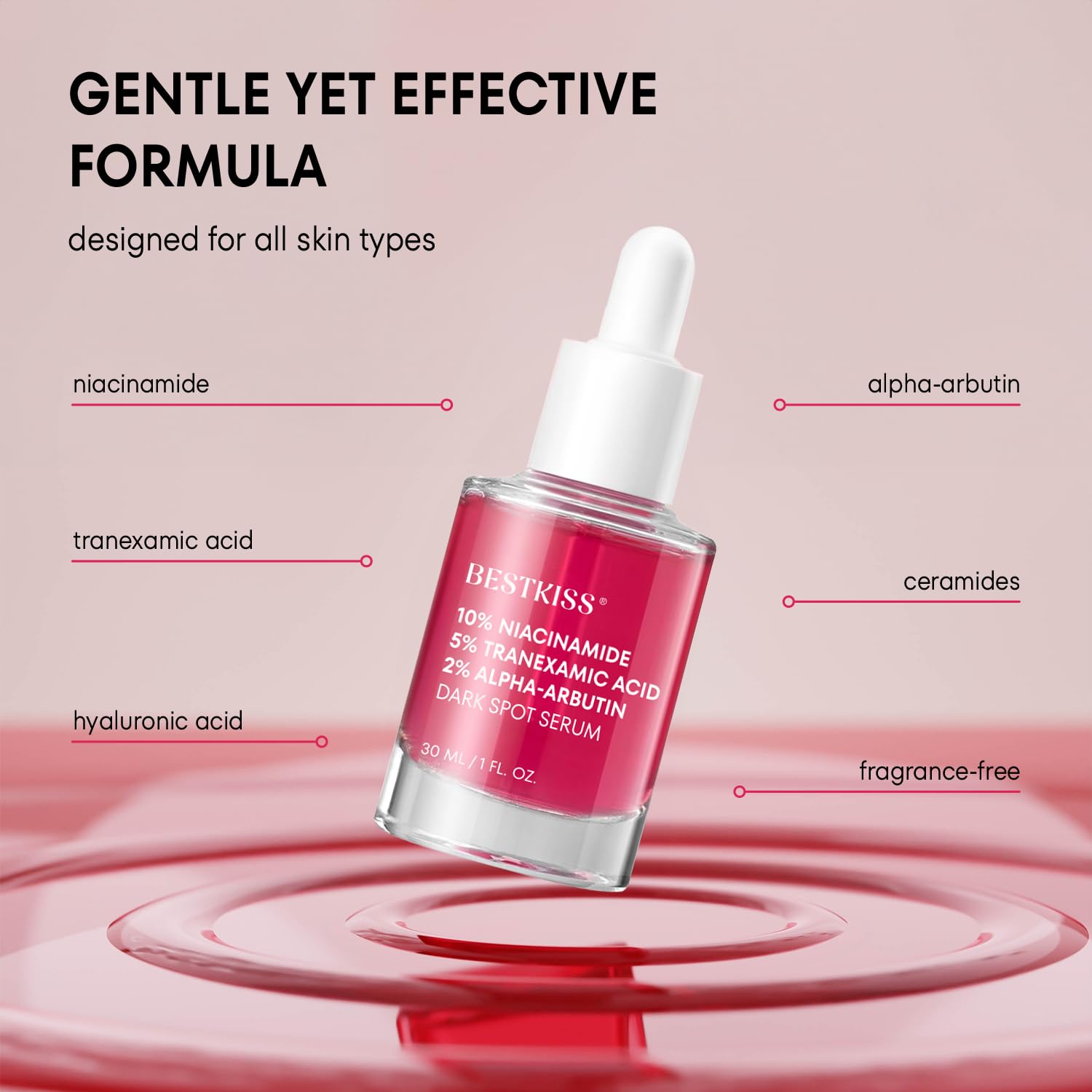 Bestkiss bottle highlights ceramides and hyaluronic acid for barrier support