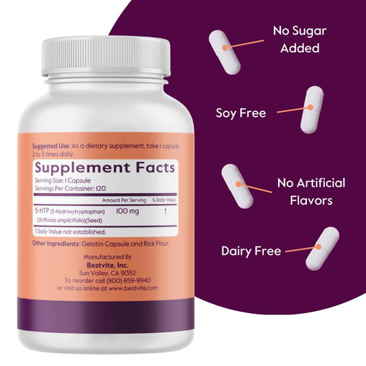 Packshot showing BESTVITE 5-HTP 240 capsules packaging