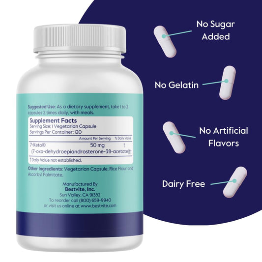 Side view of BESTVITE 7-Keto DHEA bottle