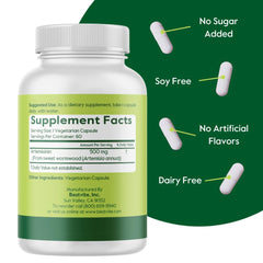 Artemisinin ingredients label highlighting no stearates or fillers