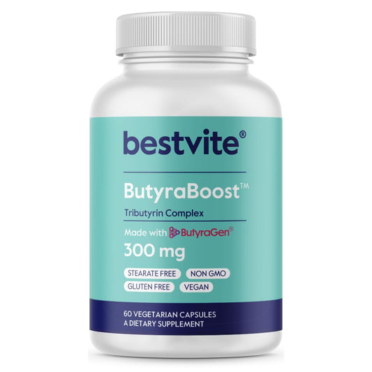 BESTVITE ButyraBoost 300mg Tributyrin Complex bottle with 60 capsules