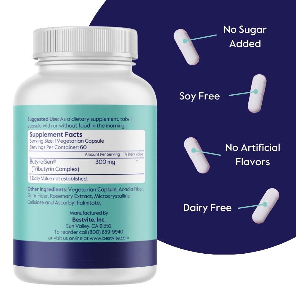 Ingredient panel showing tributyrin complex (ButyraGen)