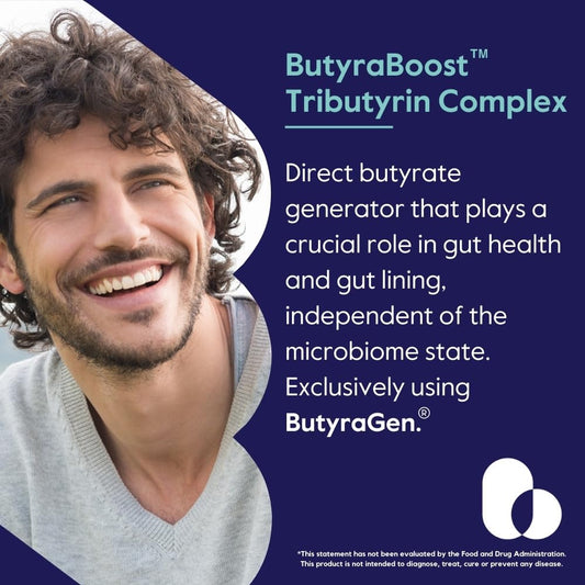 Graphic visual highlighting tributyrin and gut health benefits