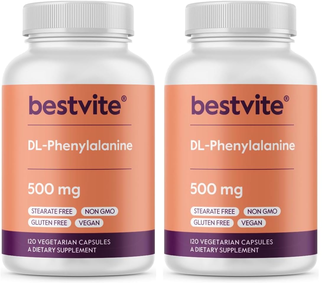 Front view of BESTVITE DL-Phenylalanine 500mg bottle with label