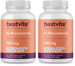 Front view of BESTVITE DL-Phenylalanine 500mg bottle with label