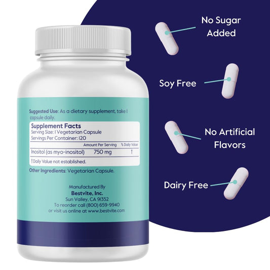 Close-up of BESTVITE Inositol 750 mg bottle label