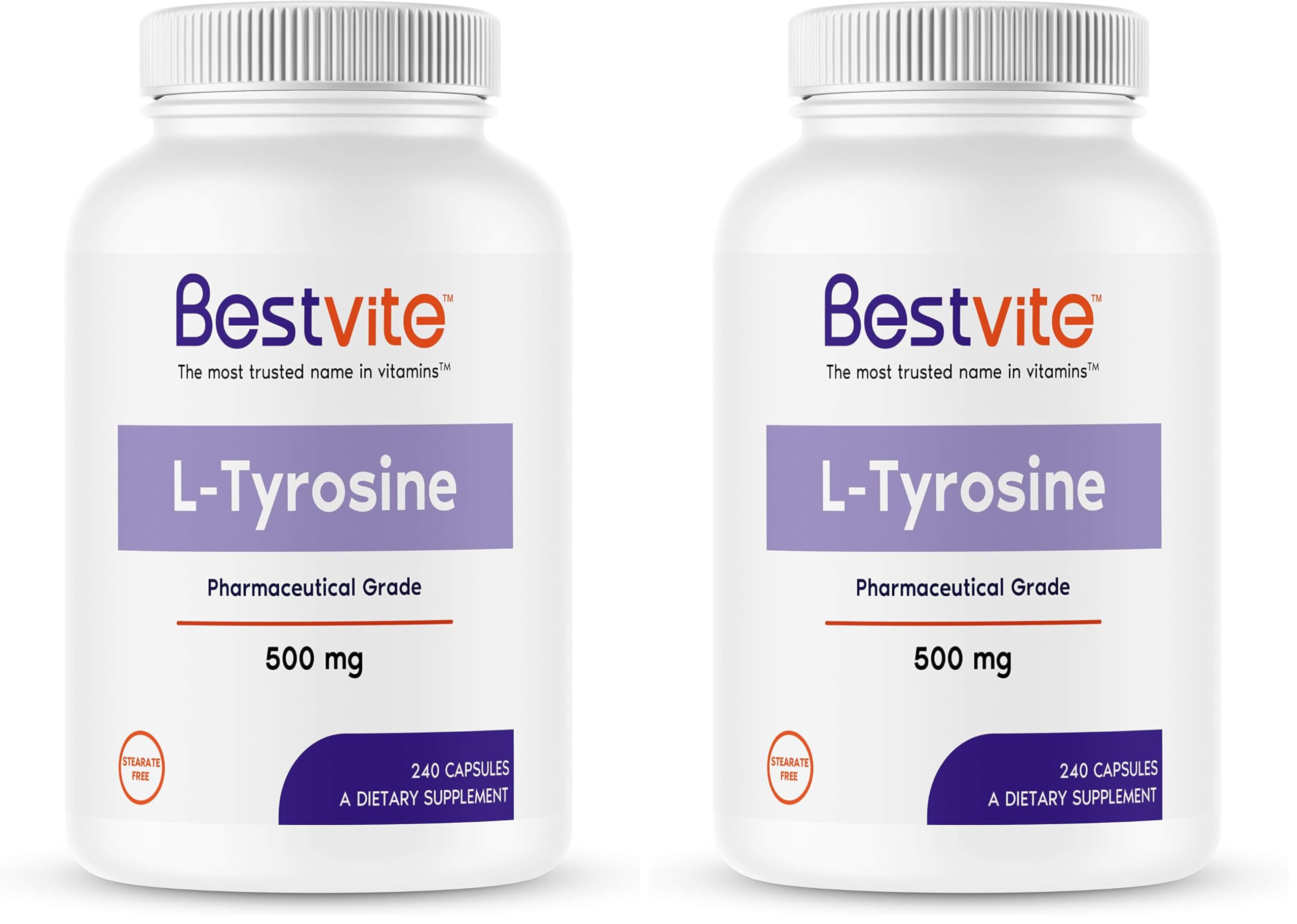 Front view of BESTVITE L-Tyrosine 500mg bottle pack (2 bottles)
