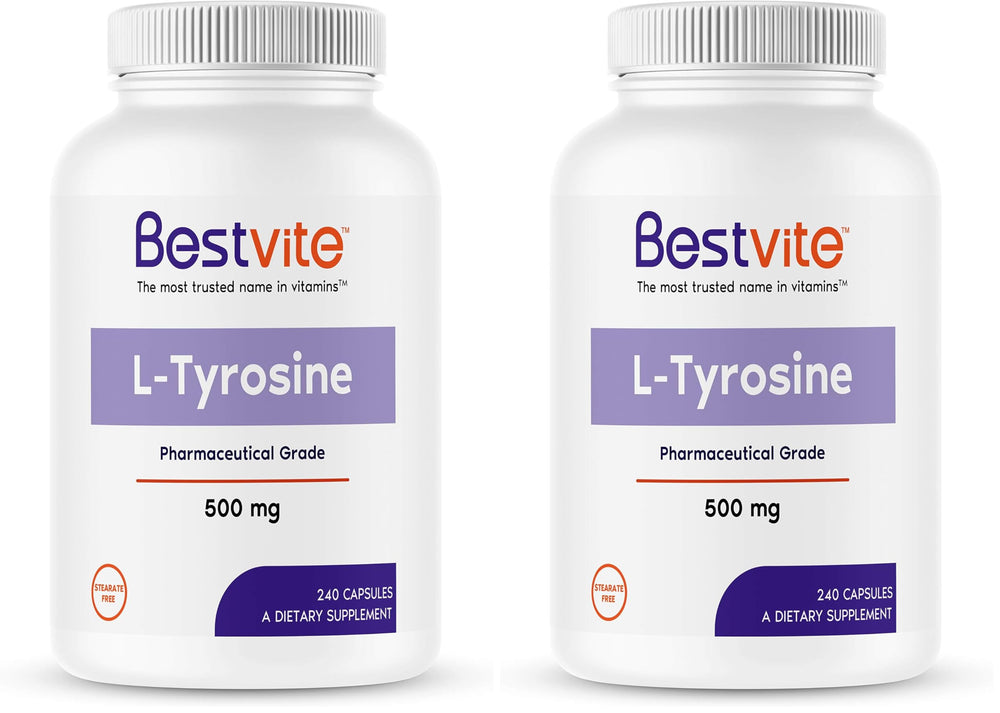 Front view of BESTVITE L-Tyrosine 500mg bottle pack (2 bottles)