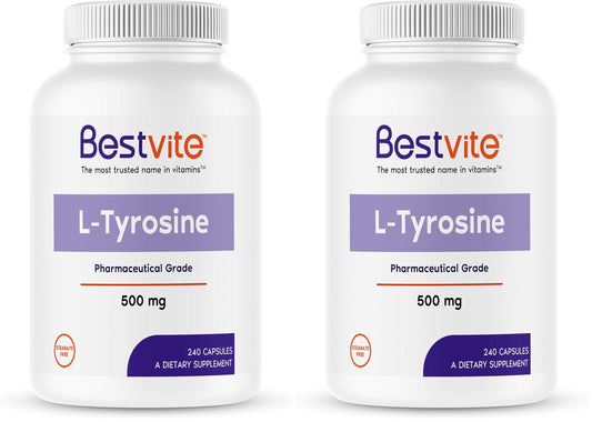 Front view of BESTVITE L-Tyrosine 500mg bottle pack (2 bottles)