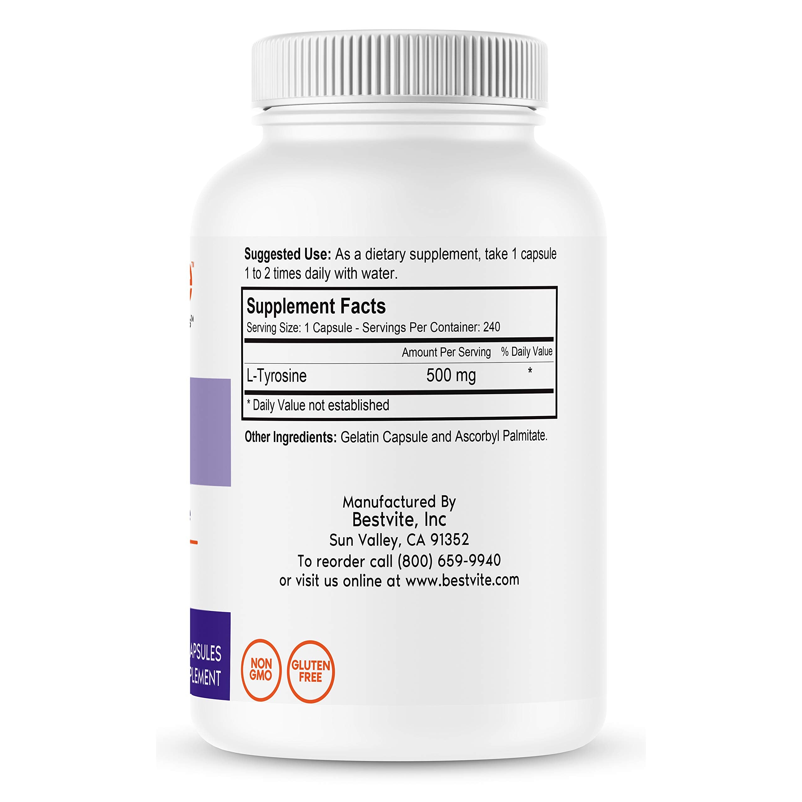Close-up of Bestvite L-Tyrosine 500mg bottle