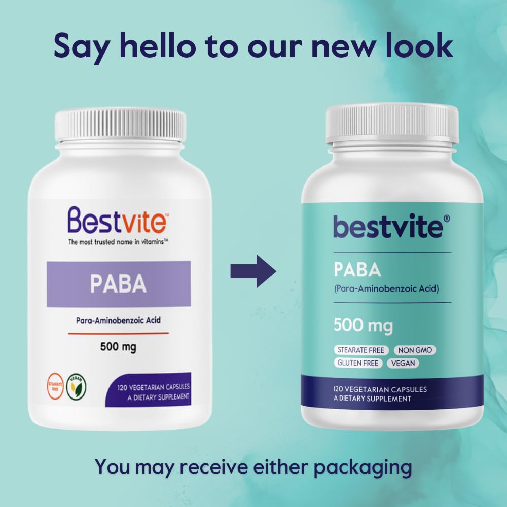 Label highlights vegan, non-GMO, gluten-free on PABA bottle