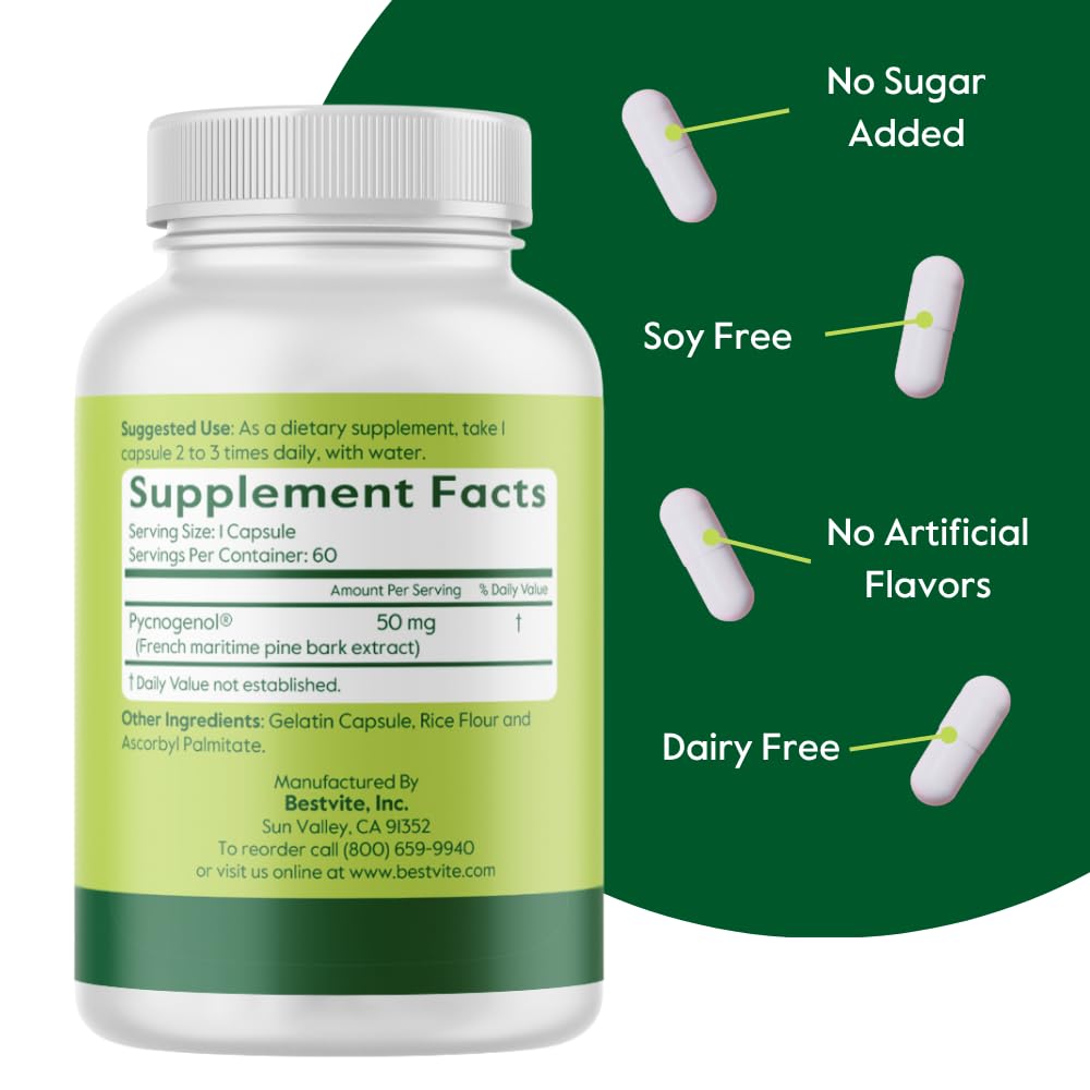 Pycnogenol 50 mg label and ingredients on bottle