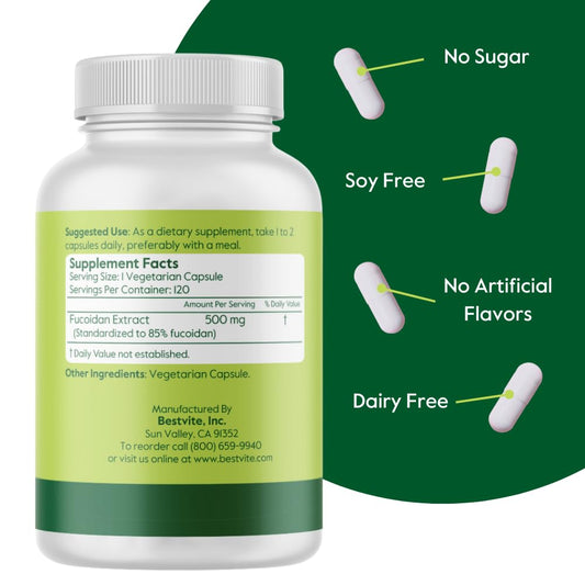 Side view of BESTVITE Fucoidan Extract bottle with 120 vegetarian capsules