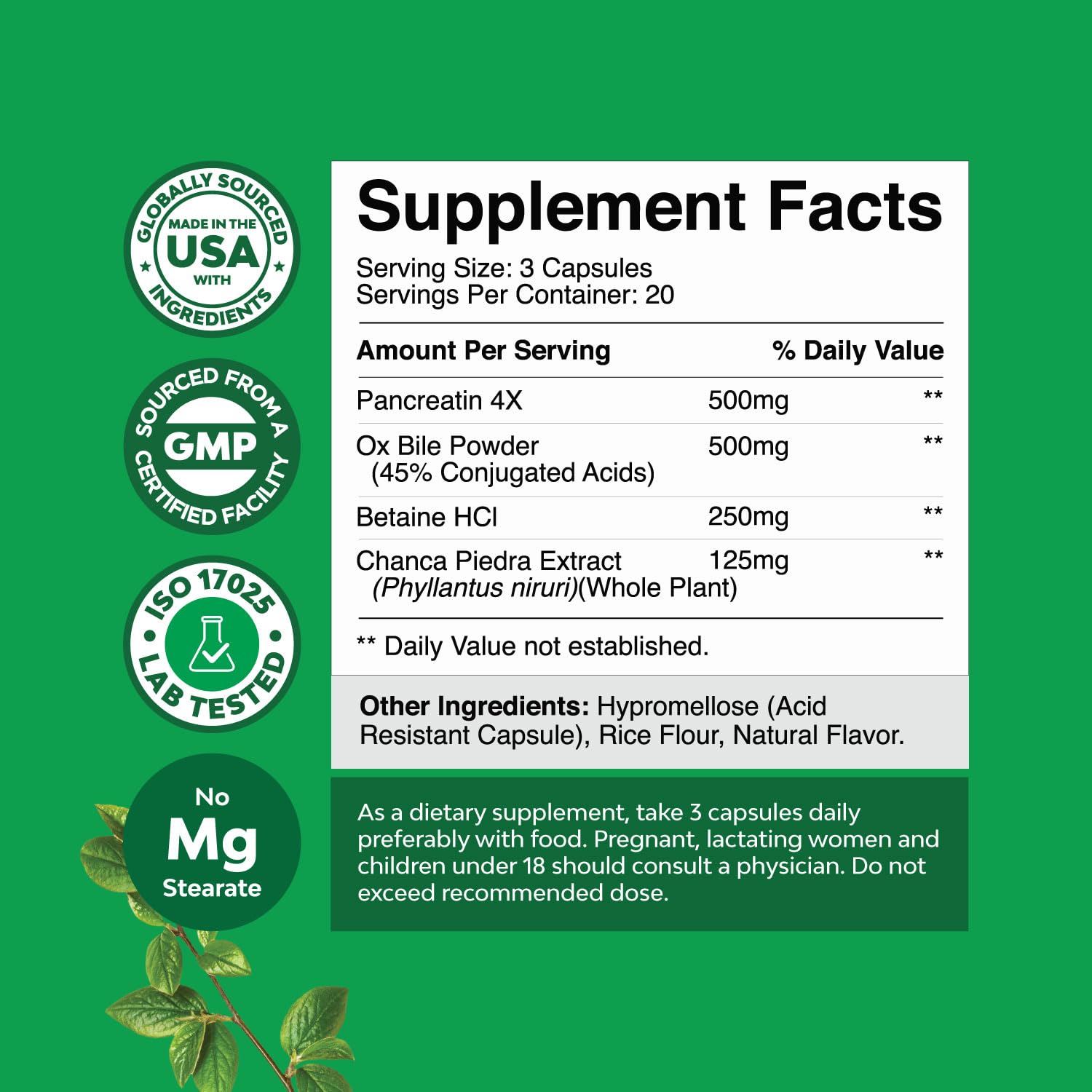 Betaine HCl with Ox bile 500mg supplement tablets