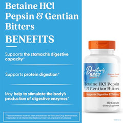 Diagram showing Betaine HCl, Pepsin, and Gentian Bitters as digestive enzymes.