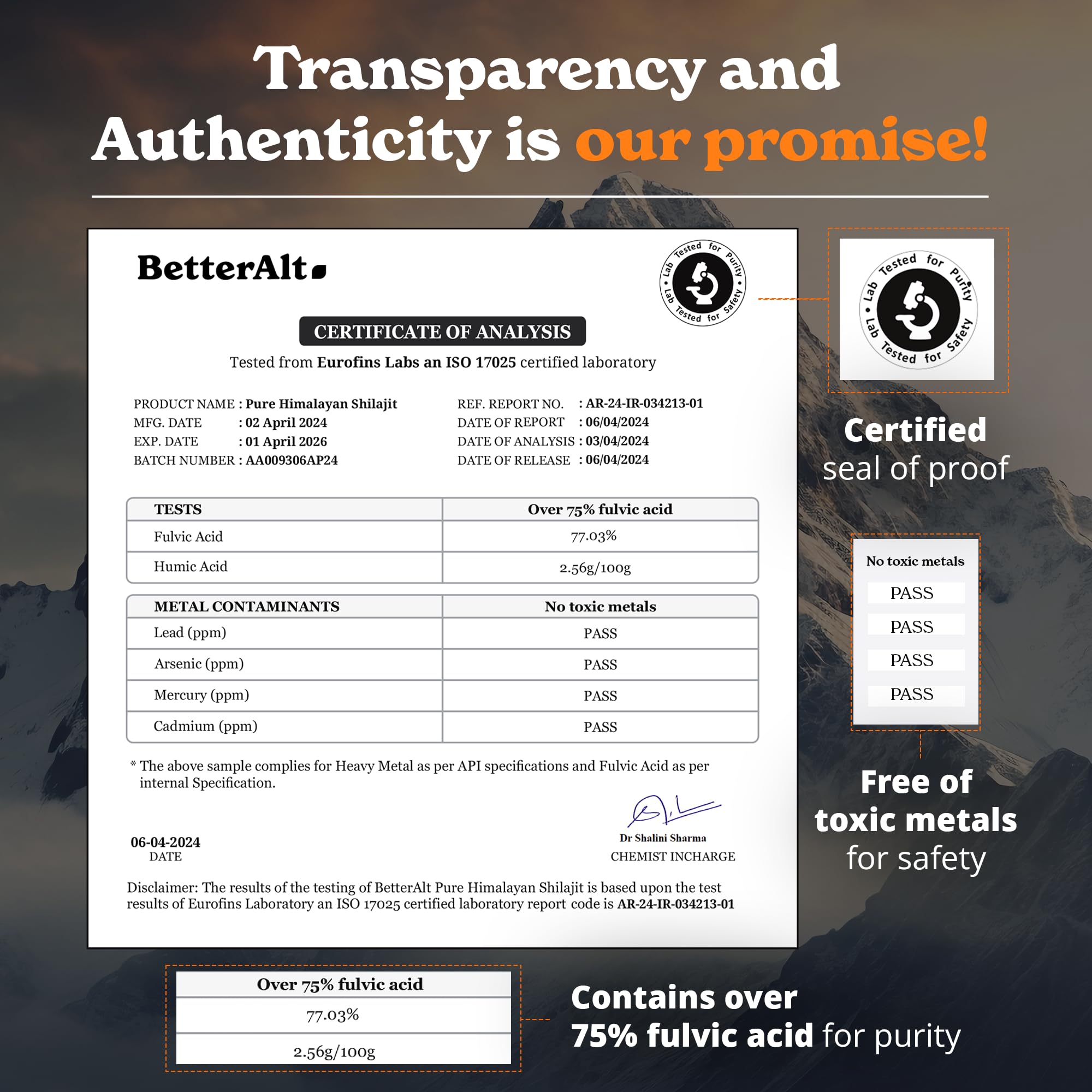 Fulvic acid content 75%+ in shilajit resin