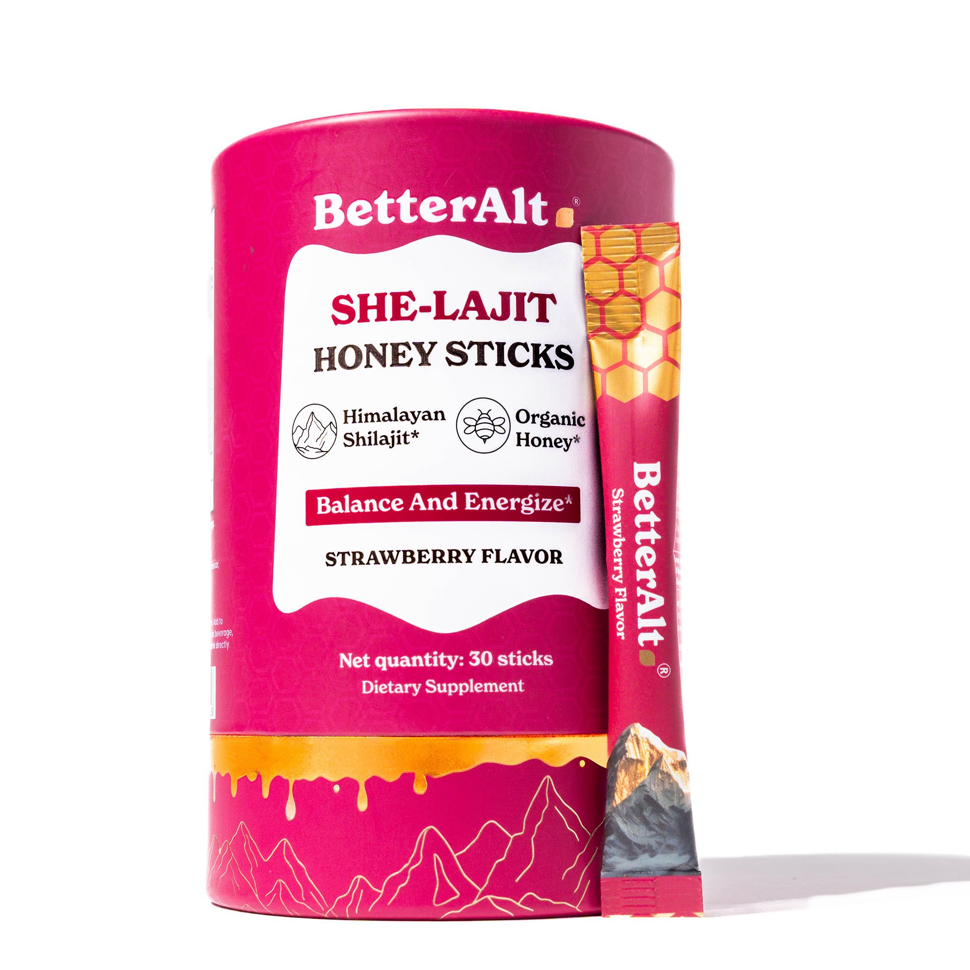 Hero image showing Better Alt SHE-Lajit Honeysticks packaging