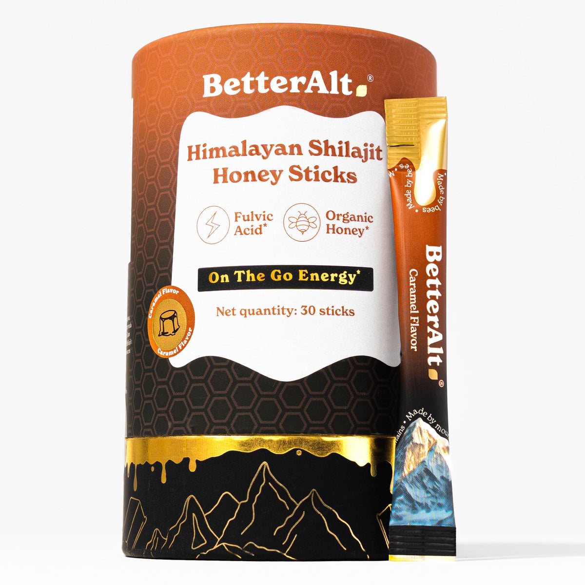 Front view of Better Alt Himalayan Shilajit Caramel Honey Sticks package