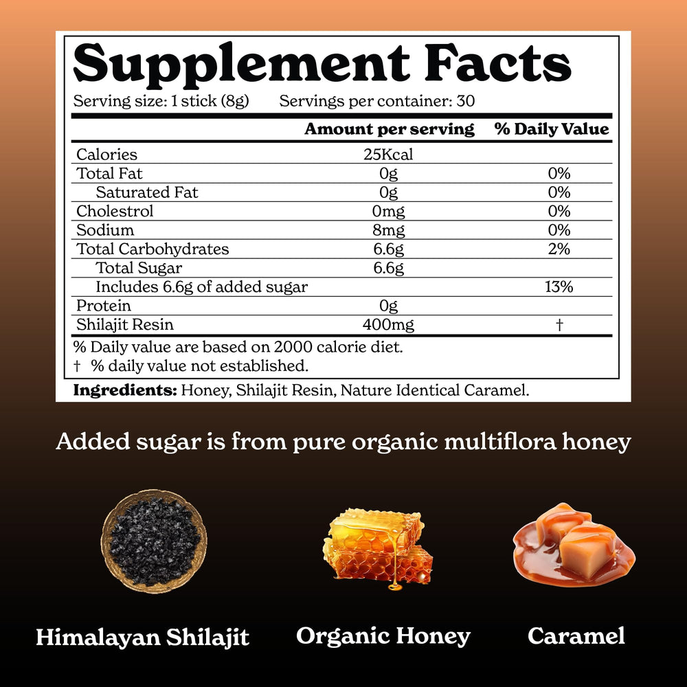 Close-up of a Shilajit + Organic Honey Stick showing caramel color