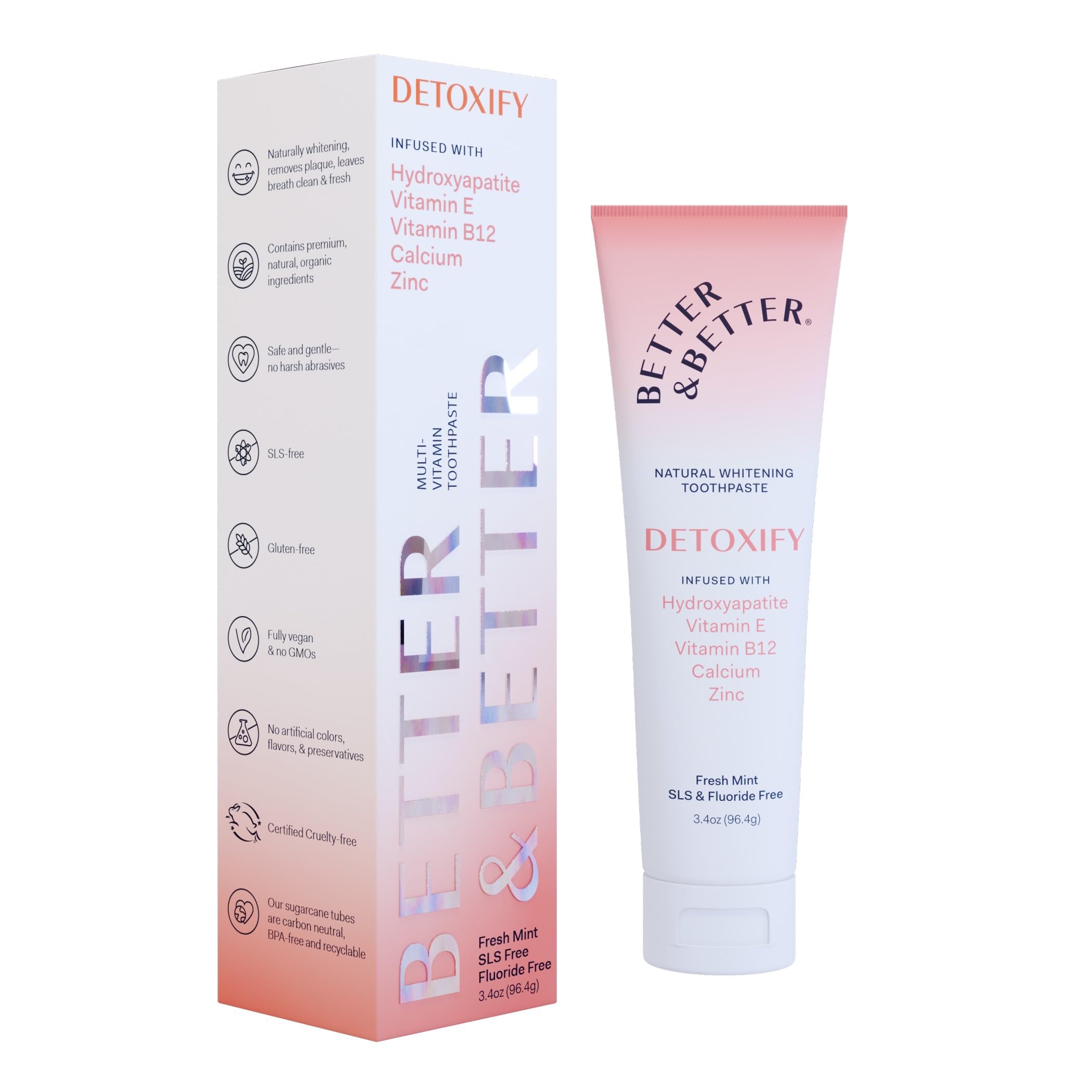 Front view of Better & Better Detoxify Hydroxyapatite Toothpaste tube with Fresh Mint flavor