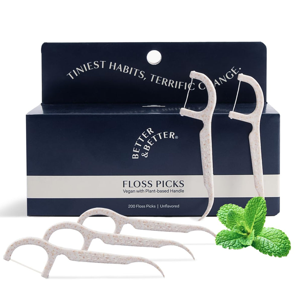 Box of Better & Better Floss Picks (200 count) with biodegradable plant-based handles