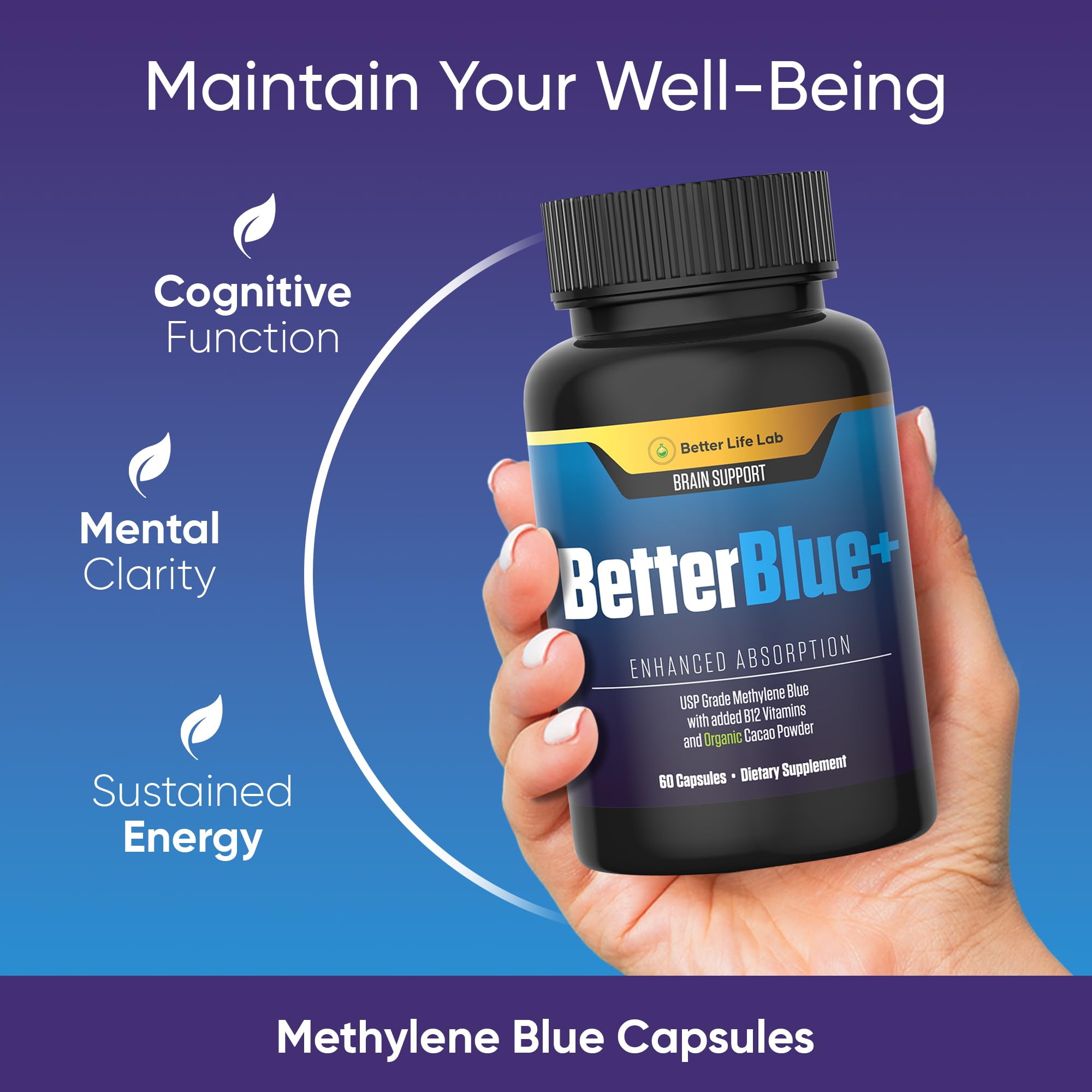 Packaging label highlighting brain and cellular health support