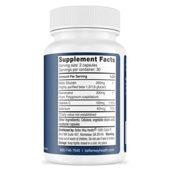 Supplement facts panel listing Beta Glucan, Resveratrol, Vitamin C, and Selenium