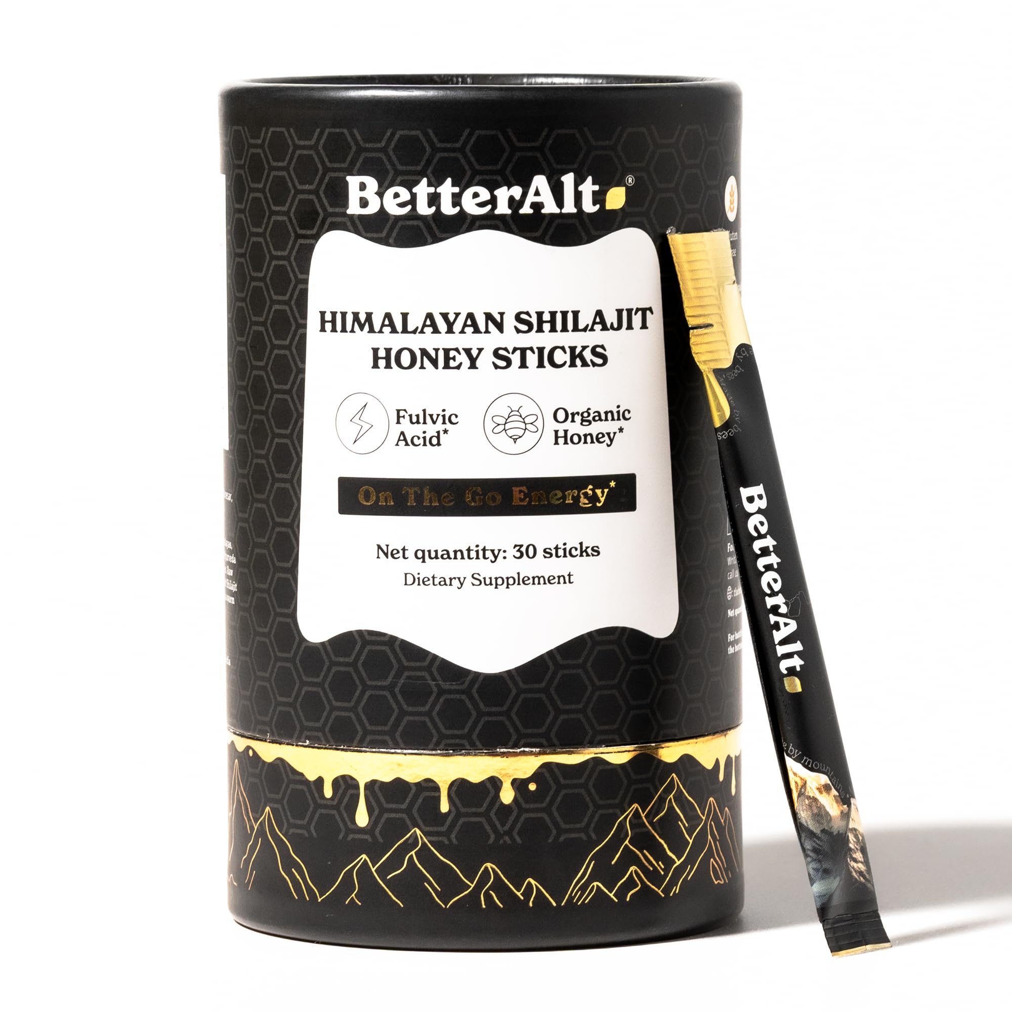 Product packaging of BetterAlt Shilajit sticks with Himalayan source.